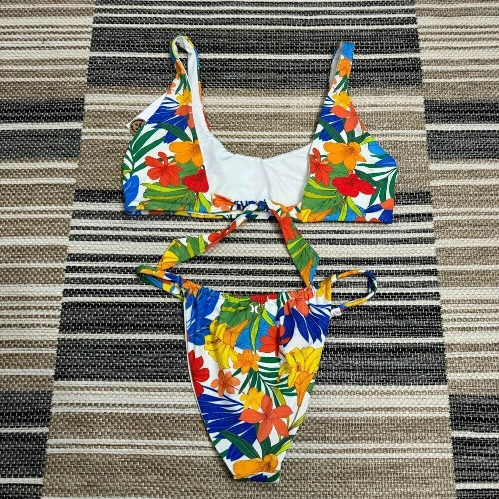 Hurley 2-Piece Swimsuit‎ Beach Botanicical 2-Way Top Cheeky Bottom Multi SIze L